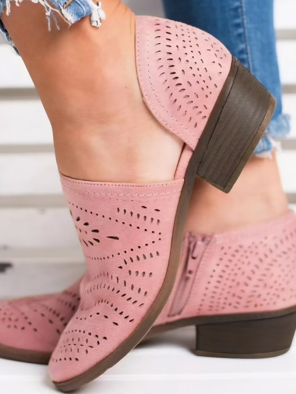 Juti Women's 8 Pink Suede Booties Perforated Low Heel Ankle Boots